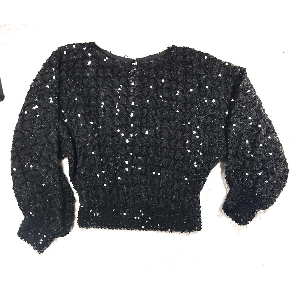 Large Black Sequin Evening Blouse Relaxed Fit Formal Top Balloon Sleeve Wedding - Picture 2 of 9